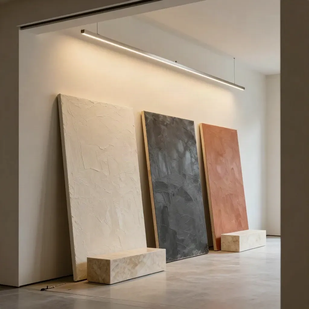 Galerie contemporaine prête pour accrochage, toiles, socles et éclairage installé.