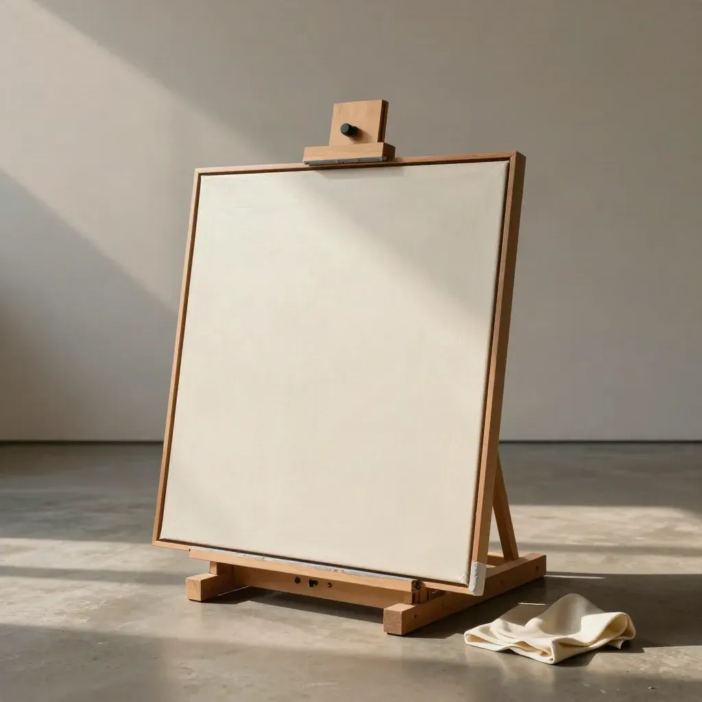 Tableau contemporain encadré sur chevalet bas, dans une galerie chaude et silencieuse.