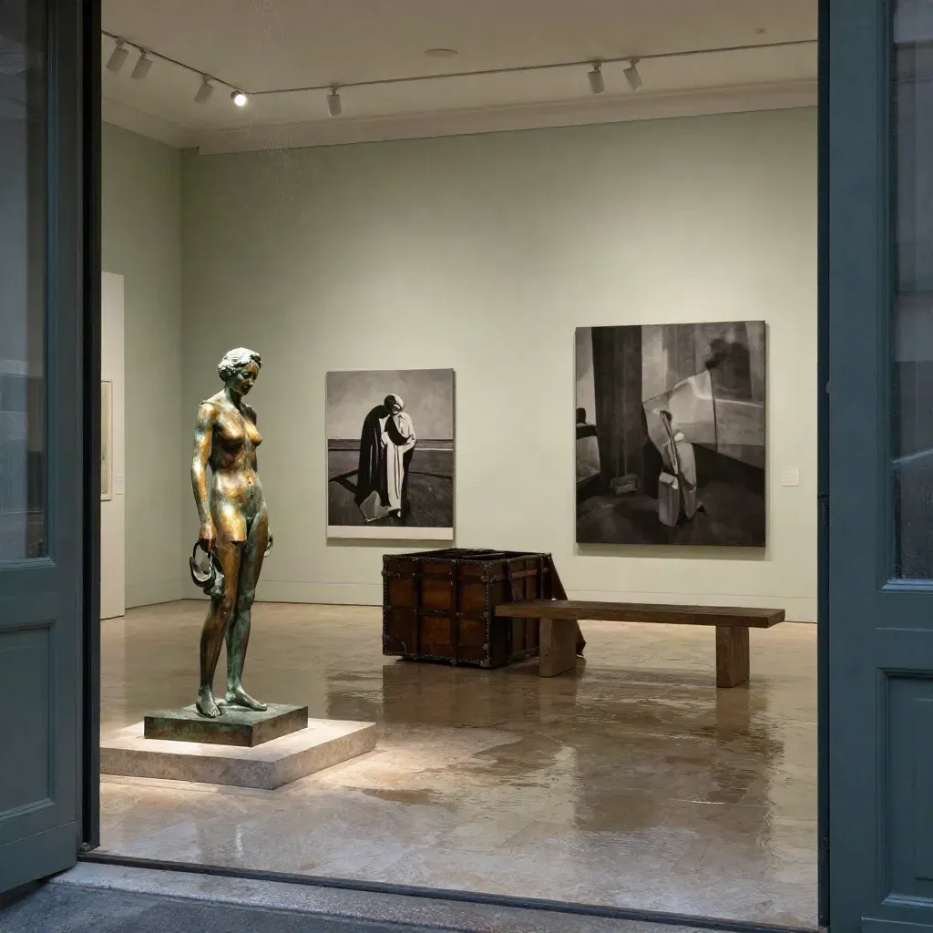 Salle de galerie parisienne au soir, bronze patiné, toiles monochromes et sol mouillé.