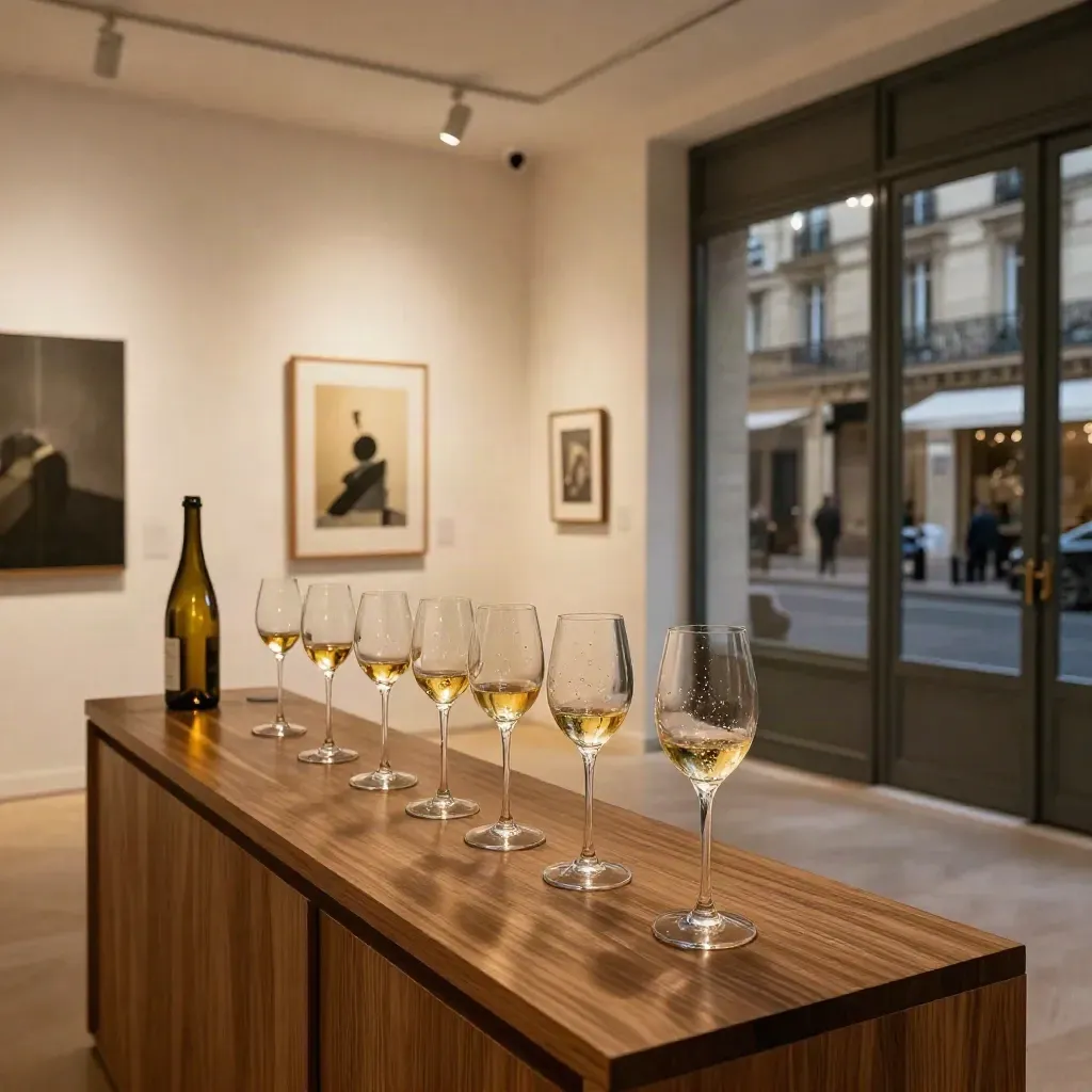 Salle d’ouverture vide, verres à champagne, œuvres accrochées et reflets de Paris la nuit.