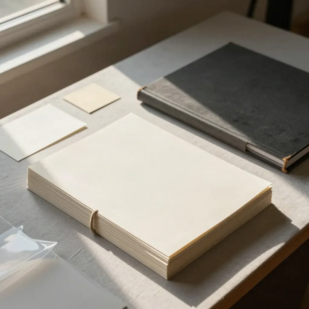 Dossiers d’artistes en pile, pochettes transparentes et classeur toile sur une surface de galerie.
