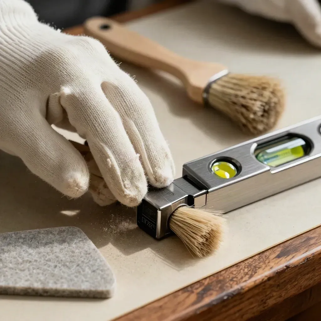 Gants de coton, brosse douce, niveau compact et cale en feutre sur un établi de conservation.