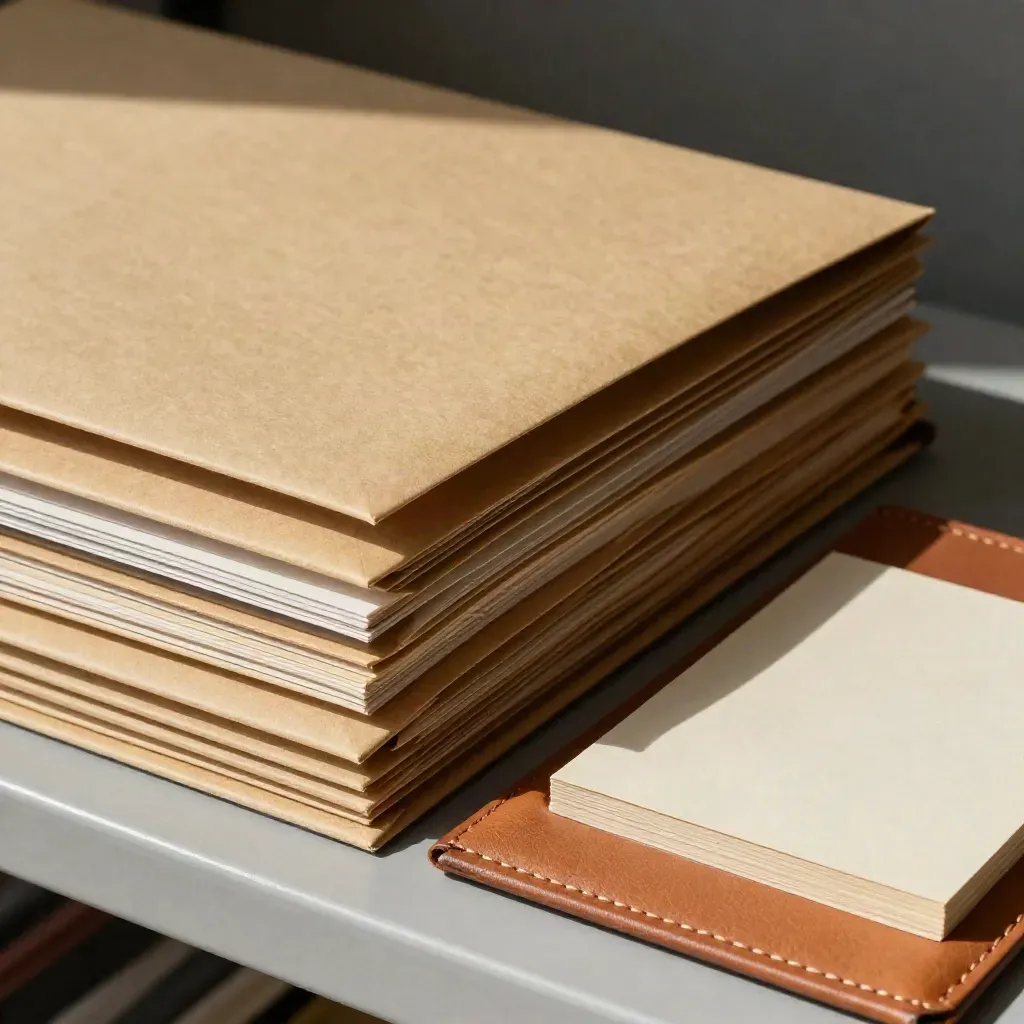 Dossiers d’artistes, enveloppes d’archivage et porte-photo en cuir sur une étagère de galerie.