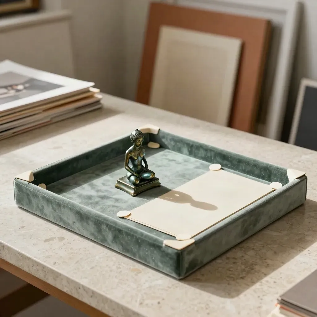 Plateau de velours sauge, sculpture bronze et coins d’archivage sur table de travertin.
