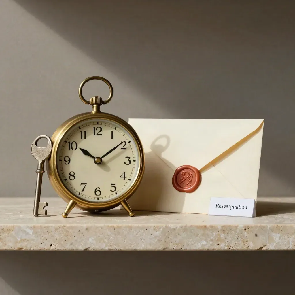Horloge en laiton, clé de salle et enveloppe scellée sur étagère en pierre, lumière douce.