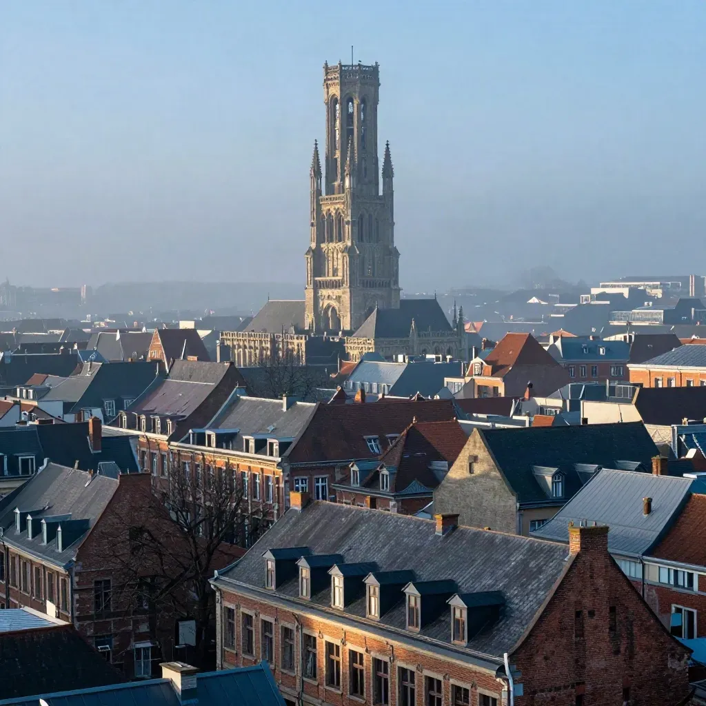 Le beffroi de Lille sur les toits humides, dans une brume bleue au lever du jour.