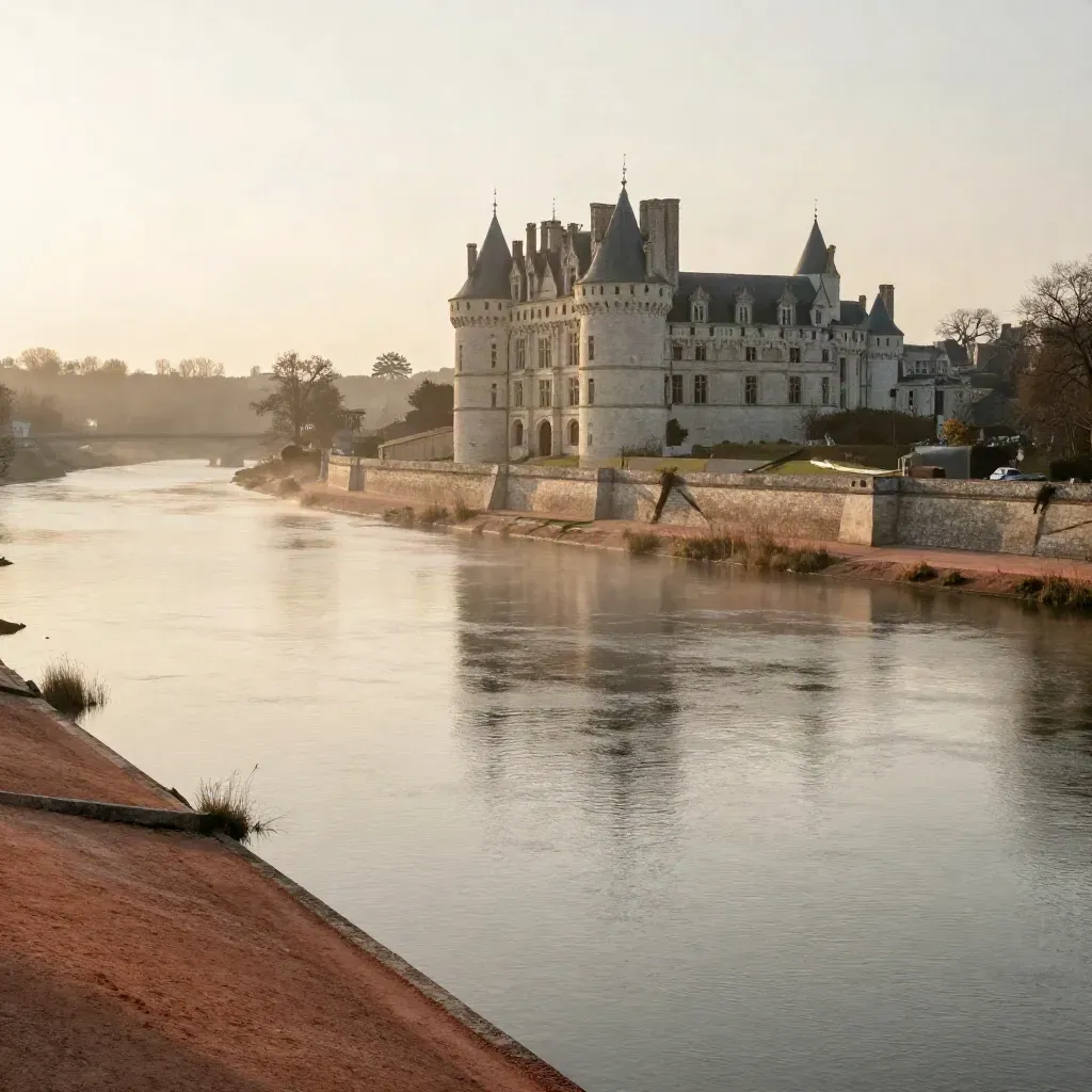Le château de Saumur sur la Loire au crépuscule, brume douce et lumière chaude sur le fleuve.